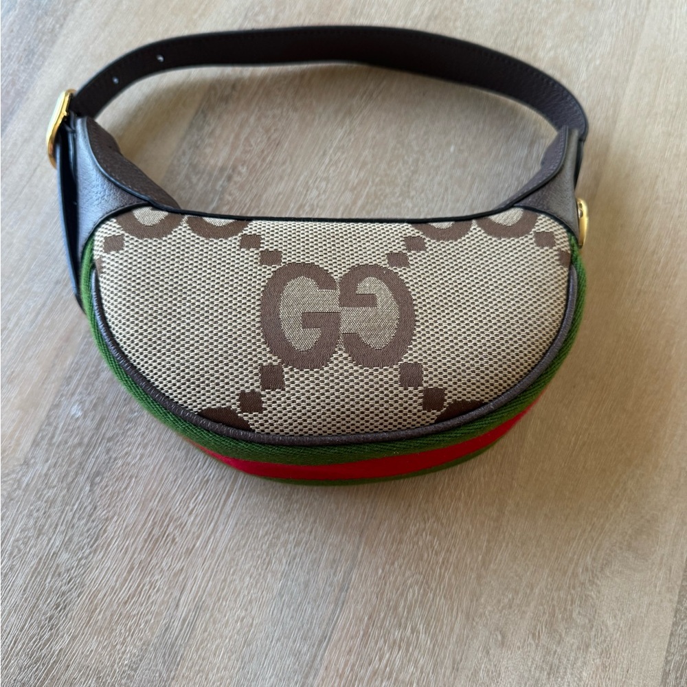 Gucci Brown GG Canvas Crescent Belt Bag with Green & Red Web